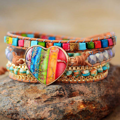 Romantic Spiritual Chakra Leather Wrap Bracelets W/ Mix Stone Heart Shape