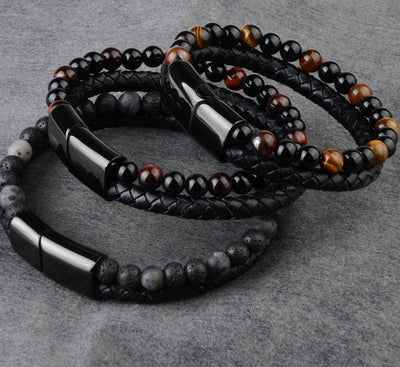 Natural Black Stainless Steel Stone, Genuine Leather Braided Bracelet w/ Magnetic Clasp