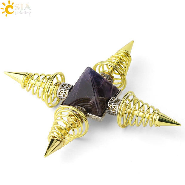 Natural Stones Pyramid 4 Points Spring Cone Energy Healing Spiritual Meditation Pendulums