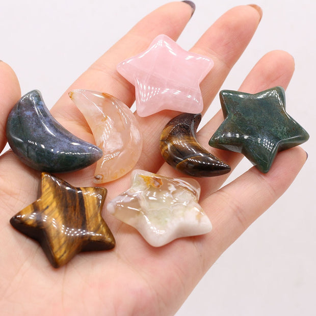 Natural Stone Lucky Stars/Moon Shape Ornaments Reiki Healing Crystal Rose Quartz 1PC