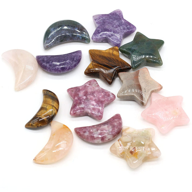 Natural Stone Lucky Stars/Moon Shape Ornaments Reiki Healing Crystal Rose Quartz 1PC