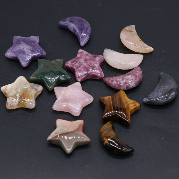 Natural Stone Lucky Stars/Moon Shape Ornaments Reiki Healing Crystal Rose Quartz 1PC